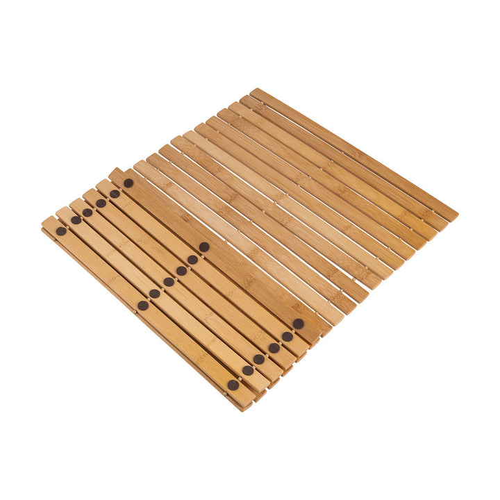 Bamboo χαλάκι μπάνιου σε λευκό φόντο, με αντικραδασμικά μαύρα σημεία στη βάση και πτυσσόμενη μορφή.