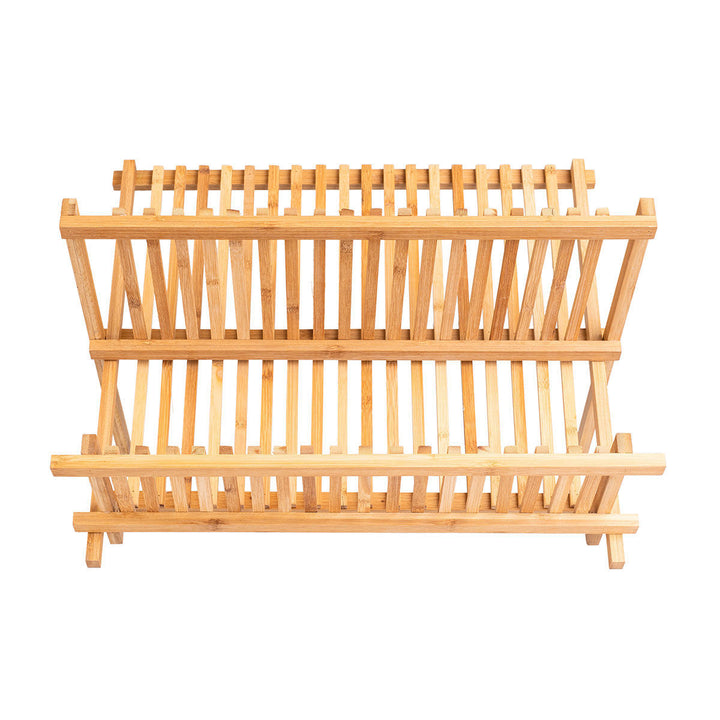 Πρόσθια όψη της αναδιπλούμενης πιατοθήκης bamboo σε λευκό φόντο, αναδεικνύοντας τον συμμετρικό σχεδιασμό των ξύλινων πηχών.