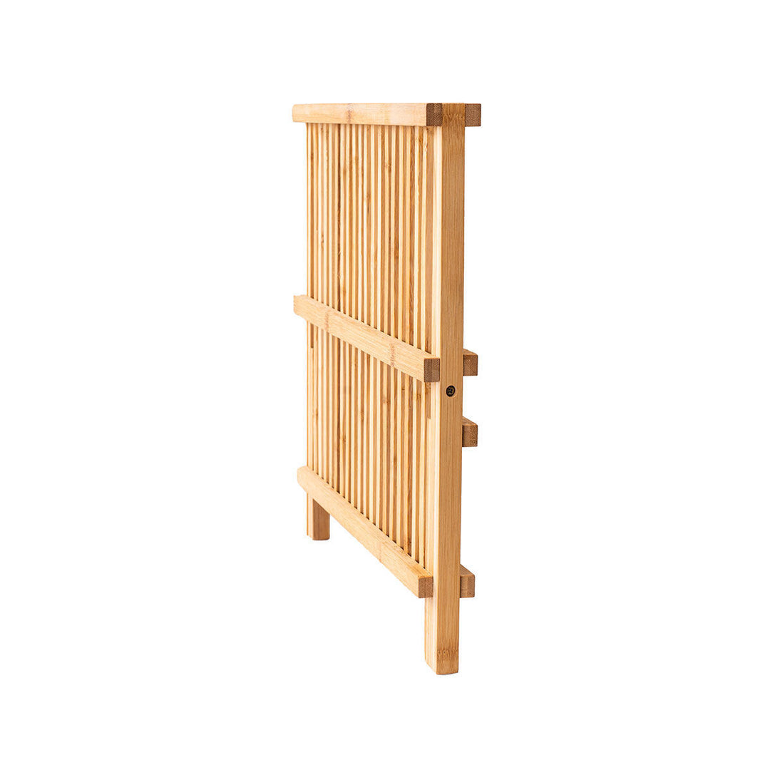 Πλάγια όψη της αναδιπλούμενης πιατοθήκης Bamboo Essentials σε φυσικό χρώμα ξύλου, που αναδεικνύει τον σχεδιασμό των δύο επιπέδων για πιάτα και ποτήρια.