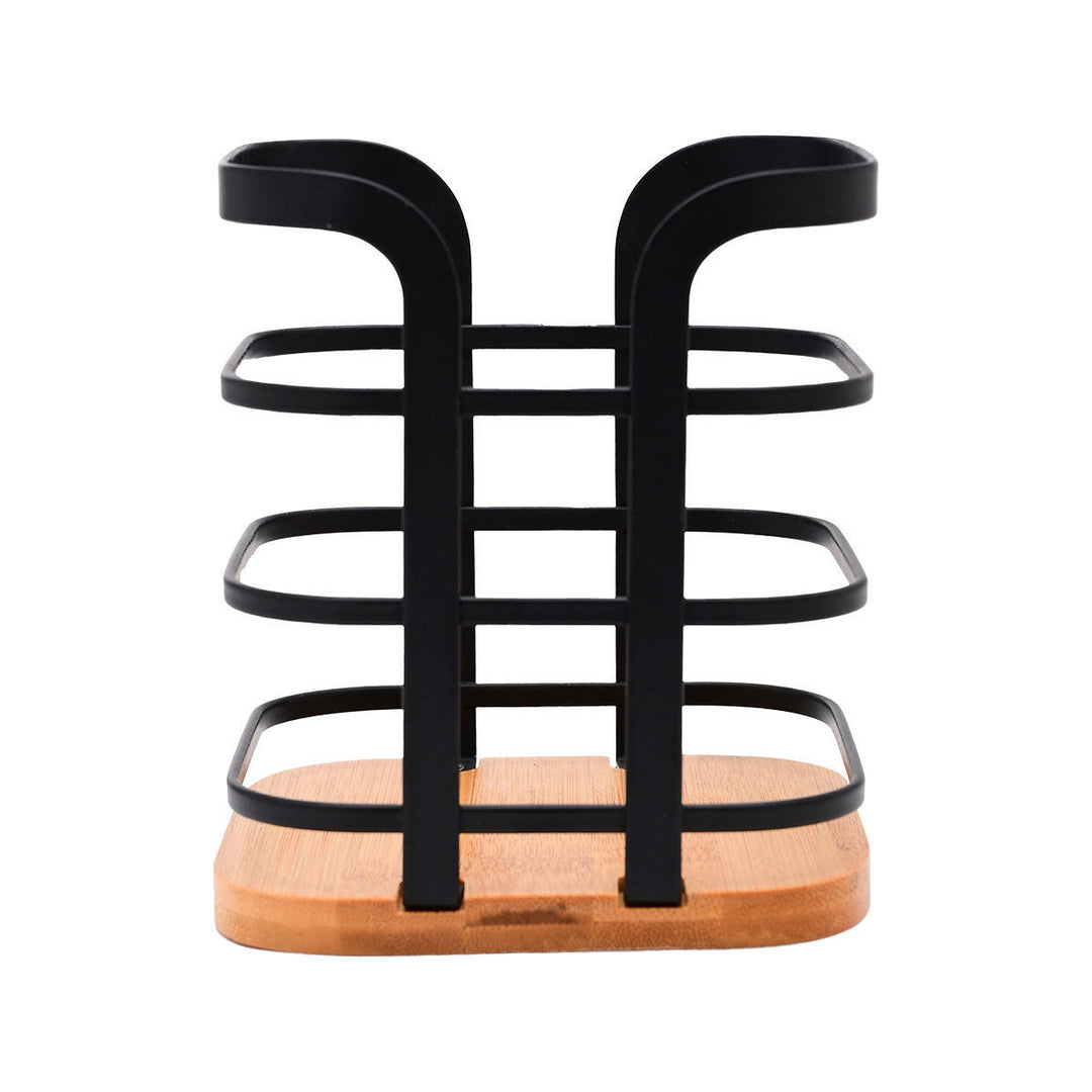 Πλάγια λήψη μεταλλικής θήκης κουζίνας Bamboo Essentials Estia σε μαύρο χρώμα με φυσική bamboo βάση.