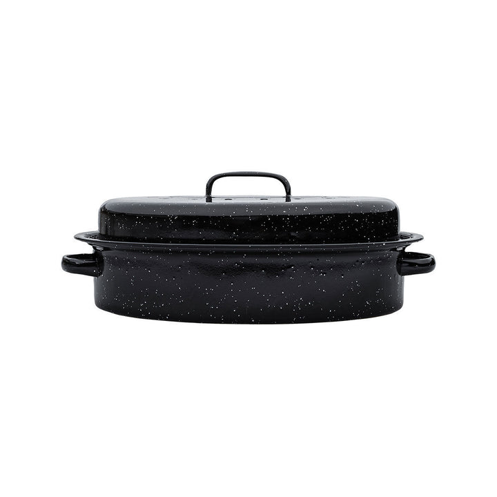 Οβάλ γάστρα Enamel Estia με πλαϊνές λαβές και κλειστό καπάκι σε μαύρη απόχρωση.