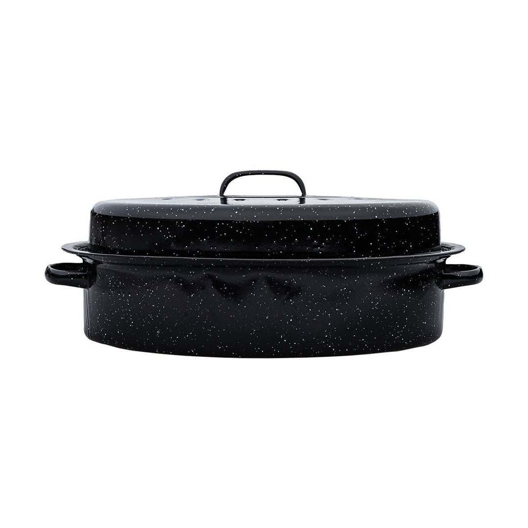 Οβάλ γάστρα Enamel Estia με πλαϊνές λαβές και κλειστό καπάκι μαύρης απόχρωσης.