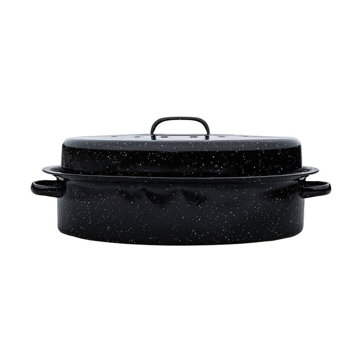 Οβάλ γάστρα Enamel Estia με πλαϊνές λαβές και κλειστό καπάκι μαύρης απόχρωσης.