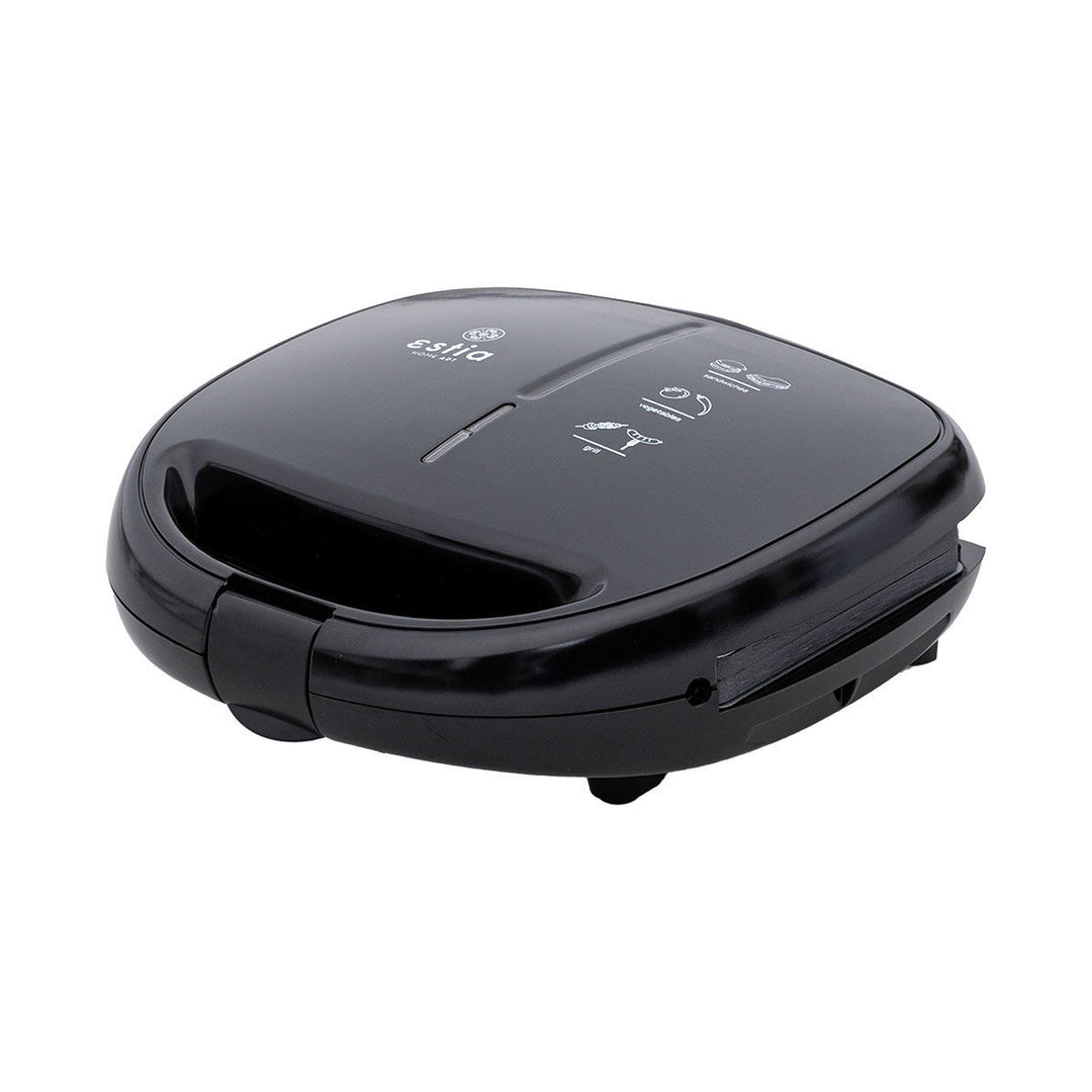Τοστιέρα Estia Basics Black & Inox σε πλάγια όψη, κλειστή, με εργονομική λαβή και συμπαγή σχεδιασμό.