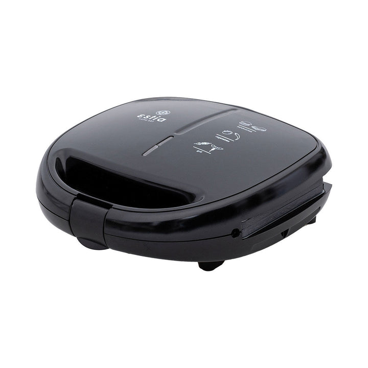 Τοστιέρα Estia Basics Black & Inox σε πλάγια όψη, κλειστή, με εργονομική λαβή και συμπαγή σχεδιασμό.