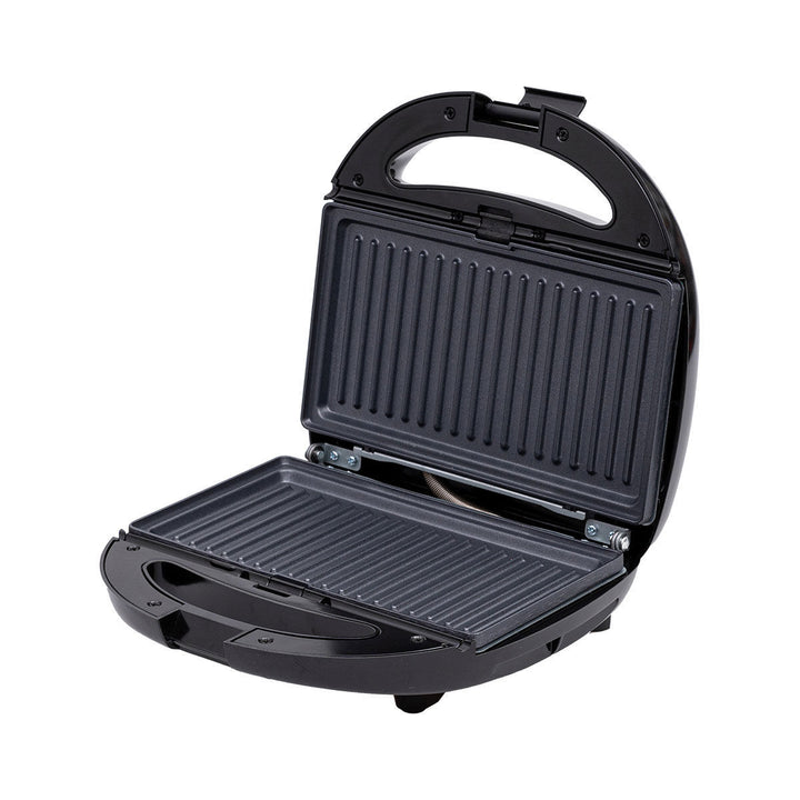 Ανοιχτή τοστιέρα Estia Basics Black & Inox με ραβδωτές αντικολλητικές πλάκες, έτοιμη για ψήσιμο.