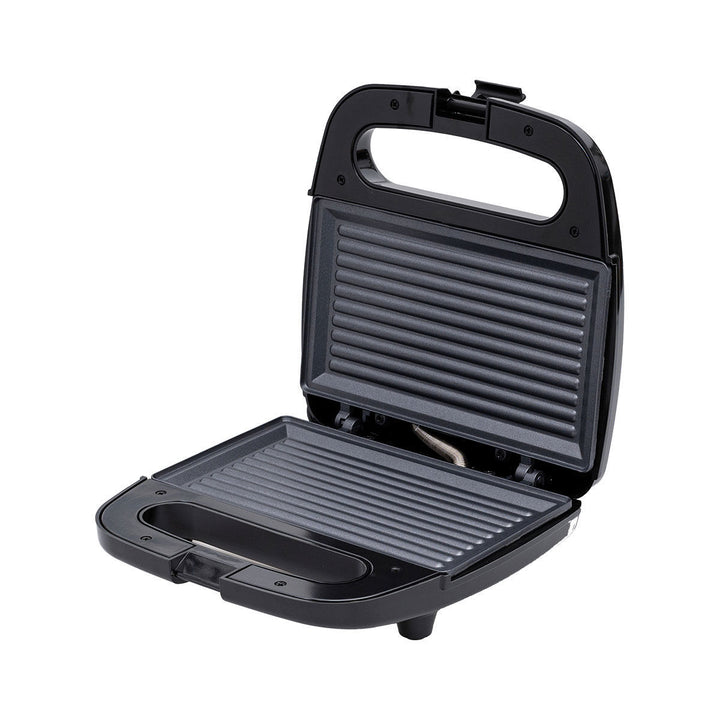 Ανοιχτή τοστιέρα Estia Basics Black Plus με ραβδωτές αντικολλητικές πλάκες ψησίματος, σε καθαρό λευκό φόντο.