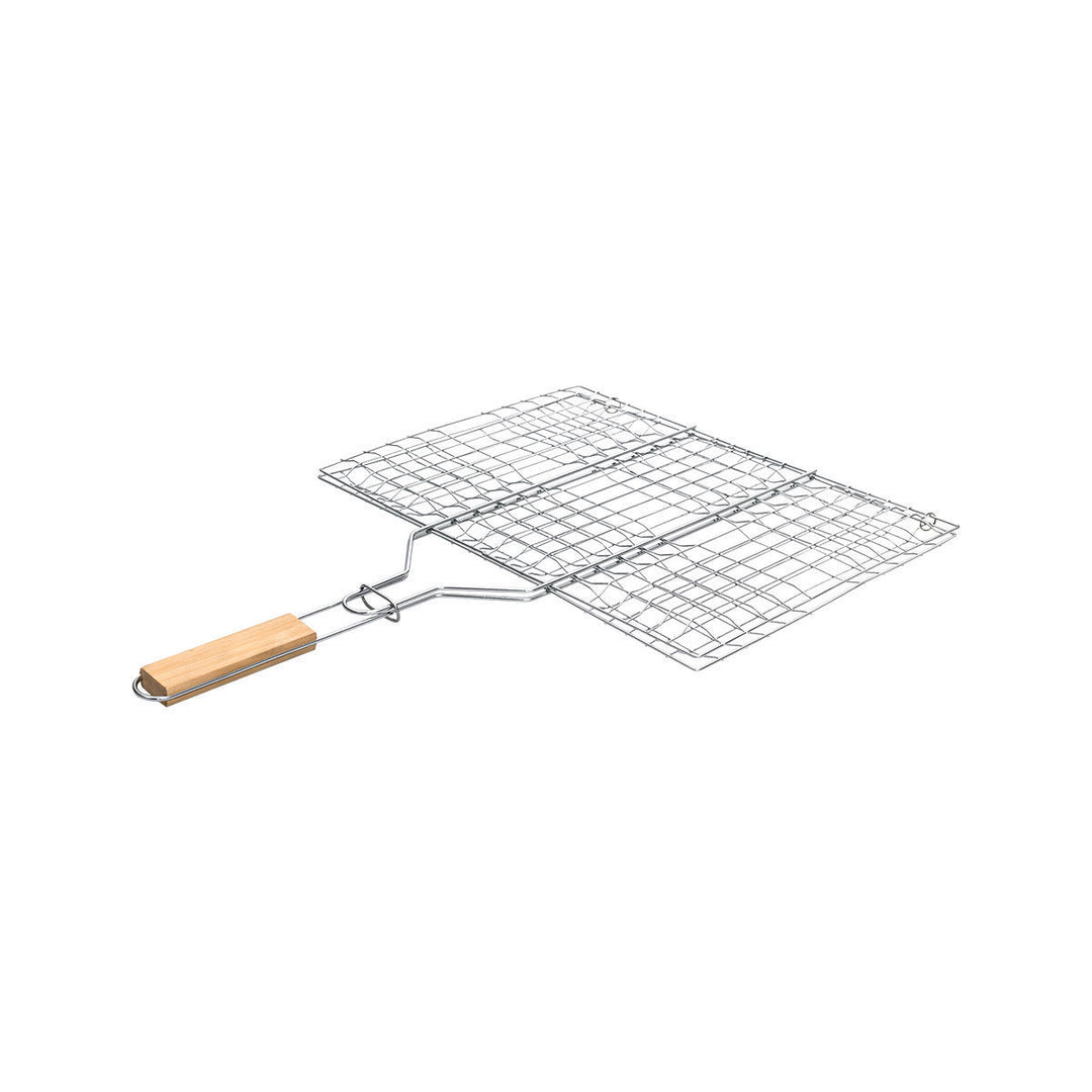 Ανοιχτή σχάρα μπάρμπεκιου Estia με μεταλλικό πλέγμα και ξύλινη λαβή σε ουδέτερο λευκό φόντο.