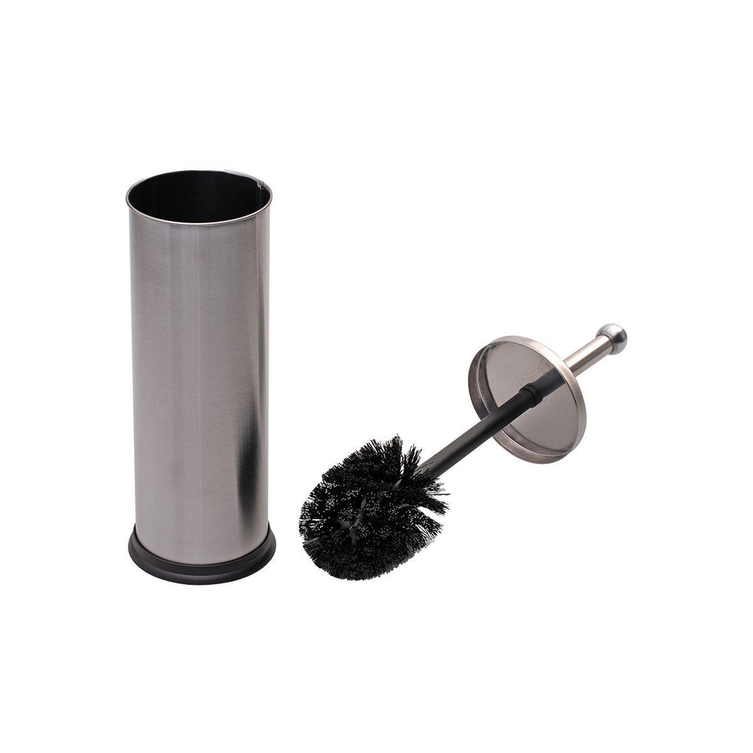 Ανοξείδωτο πιγκάλ μπάνιου σε ματ ασημί χρώμα με αποσπώμενη βούρτσα και μαύρη βάση, φωτογραφημένο σε λευκό στούντιο φόντο.