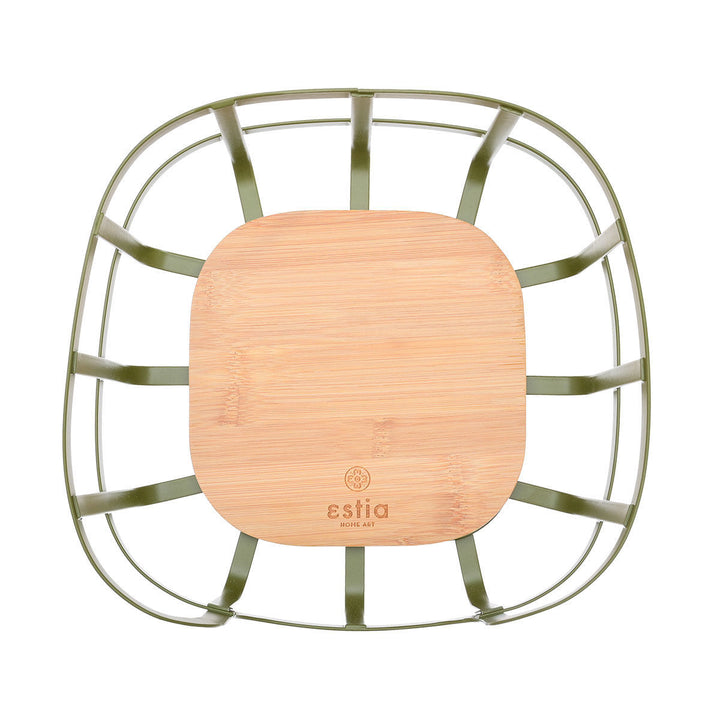 Άποψη από πάνω της φρουτιέρας Bamboo Essentials της Estia με λαδί μεταλλικό πλέγμα και τετράγωνη ξύλινη βάση.