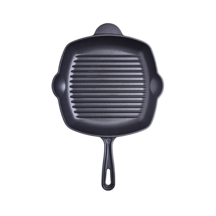 Πάνω όψη τετράγωνου grill τηγανιού, με έντονες ραβδώσεις ψησίματος και εργονομική λαβή με άνοιγμα ανάρτησης.