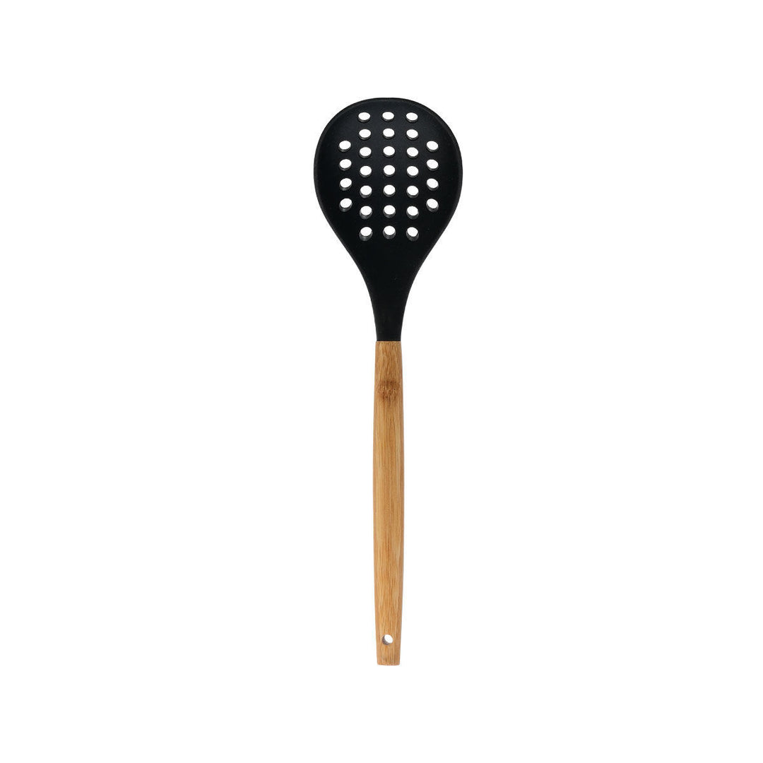 Κουτάλα Τρυπητή Σιλικόνης Μαύρη Bamboo Essentials Estia