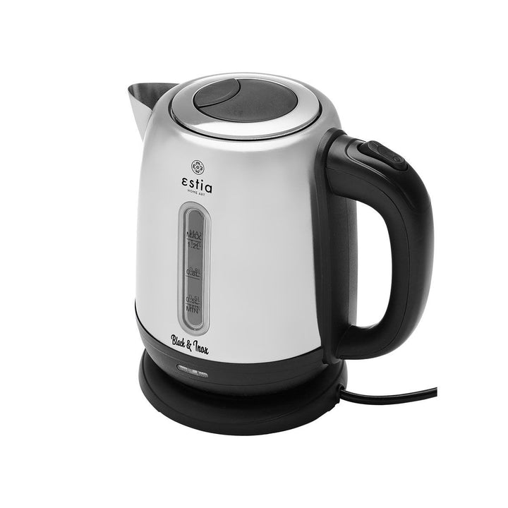 Βραστήρας Black & Inox της Estia σε πλάγια όψη, με καπάκι κλειστό, εργονομική λαβή και περιστρεφόμενη βάση 360°.