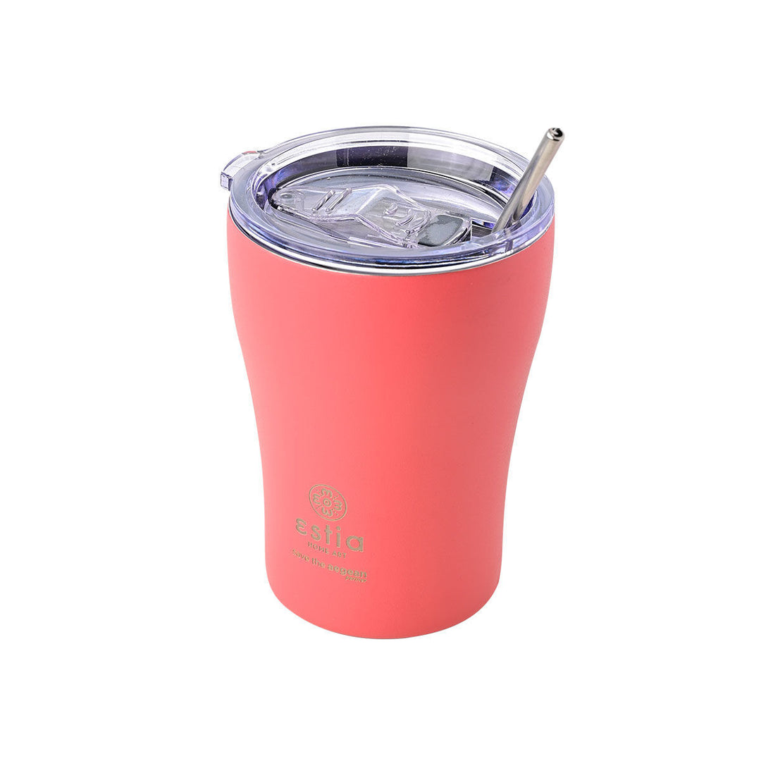 Θερμός κούπα Estia Home Art Save the Aegean 350ml σε ροζ κοραλί με διάφανο καπάκι και ανοξείδωτο καλαμάκι σε ουδέτερο φόντο