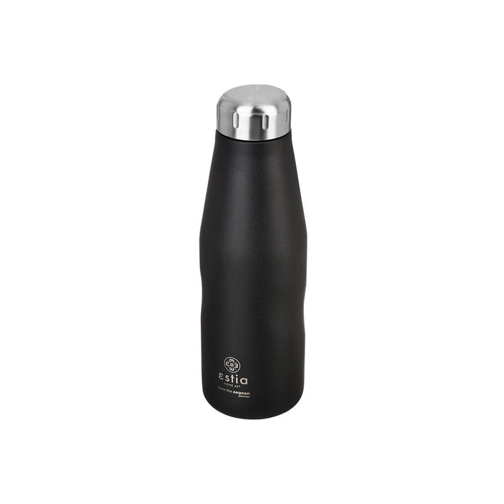 Μαύρο θερμός Estia Travel Flask 500ml Midnight Black με μεταλλικό καπάκι σε λευκό φόντο.