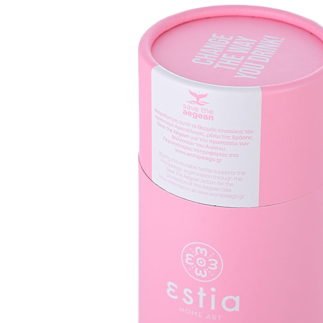 Ροζ συσκευασία του Estia Travel Cup 500ml Blossom Rose με λογότυπο Estia Home Art και μήνυμα Save the Aegean.