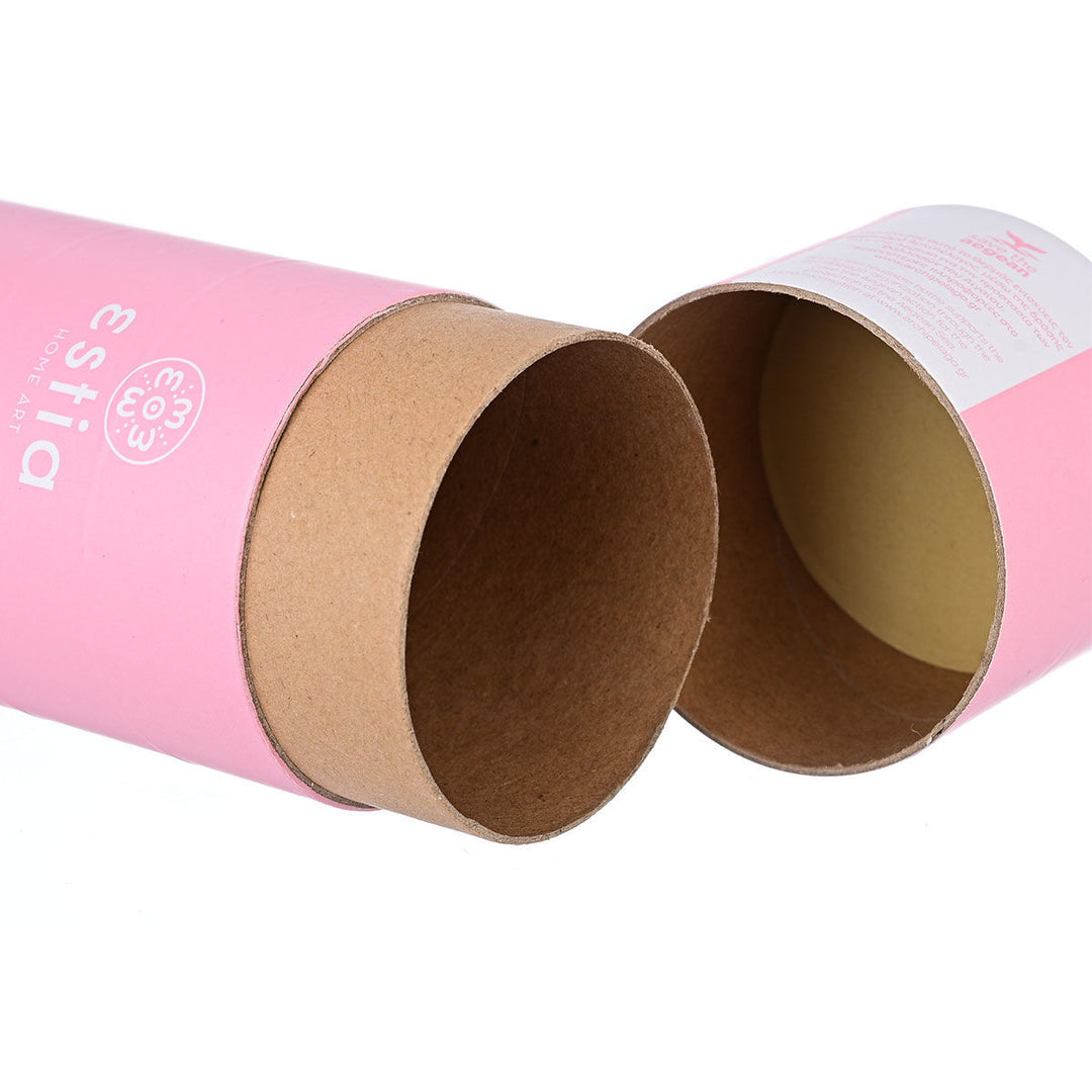 Ροζ κυλινδρική οικολογική συσκευασία Estia Travel Cup 500ml Blossom Rose ανοιχτή, από ανακυκλωμένο χαρτόνι.