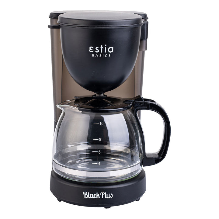 Καφετιέρα φίλτρου Estia Basics Black Plus σε μπροστινή όψη, με διαφανή γυάλινη κανάτα, μαύρο σώμα και καθαρό, μοντέρνο σχεδιασμό.