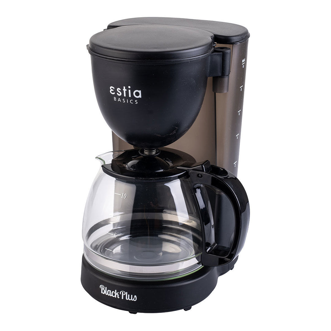 Πλάγια όψη καφετιέρας φίλτρου Estia Basics Black Plus με έμφαση στο δοχείο νερού και τον διακριτικό μαύρο χρωματισμό.