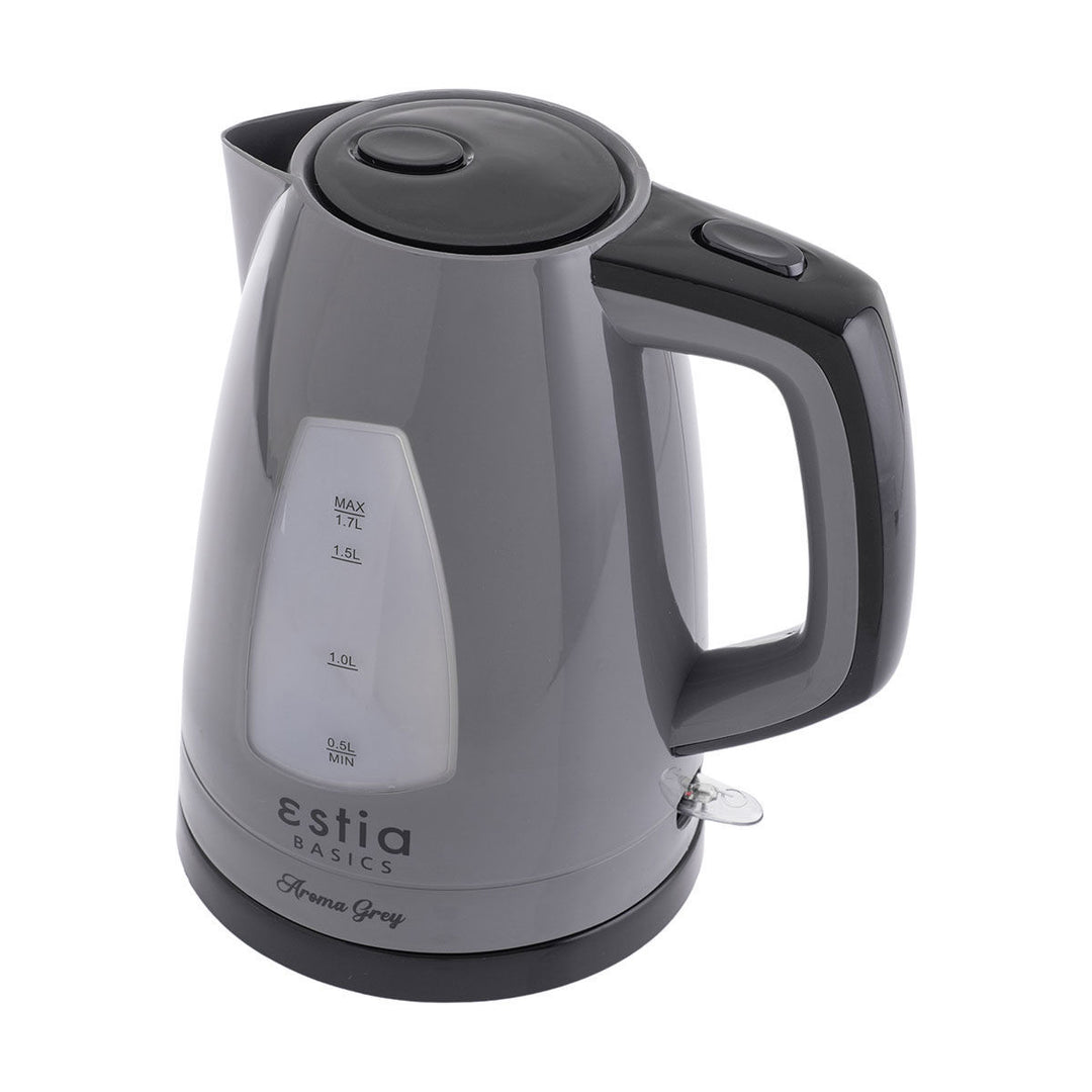 Βραστήρας Estia Aroma Grey σε γκρι χρώμα με ένδειξη στάθμης νερού, μοντέρνο σχεδιασμό και εργονομική λαβή σε λευκό φόντο.