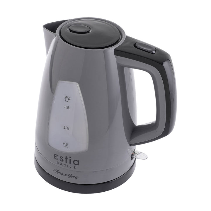Βραστήρας Estia Aroma Grey σε γκρι χρώμα με ένδειξη στάθμης νερού, μοντέρνο σχεδιασμό και εργονομική λαβή σε λευκό φόντο.