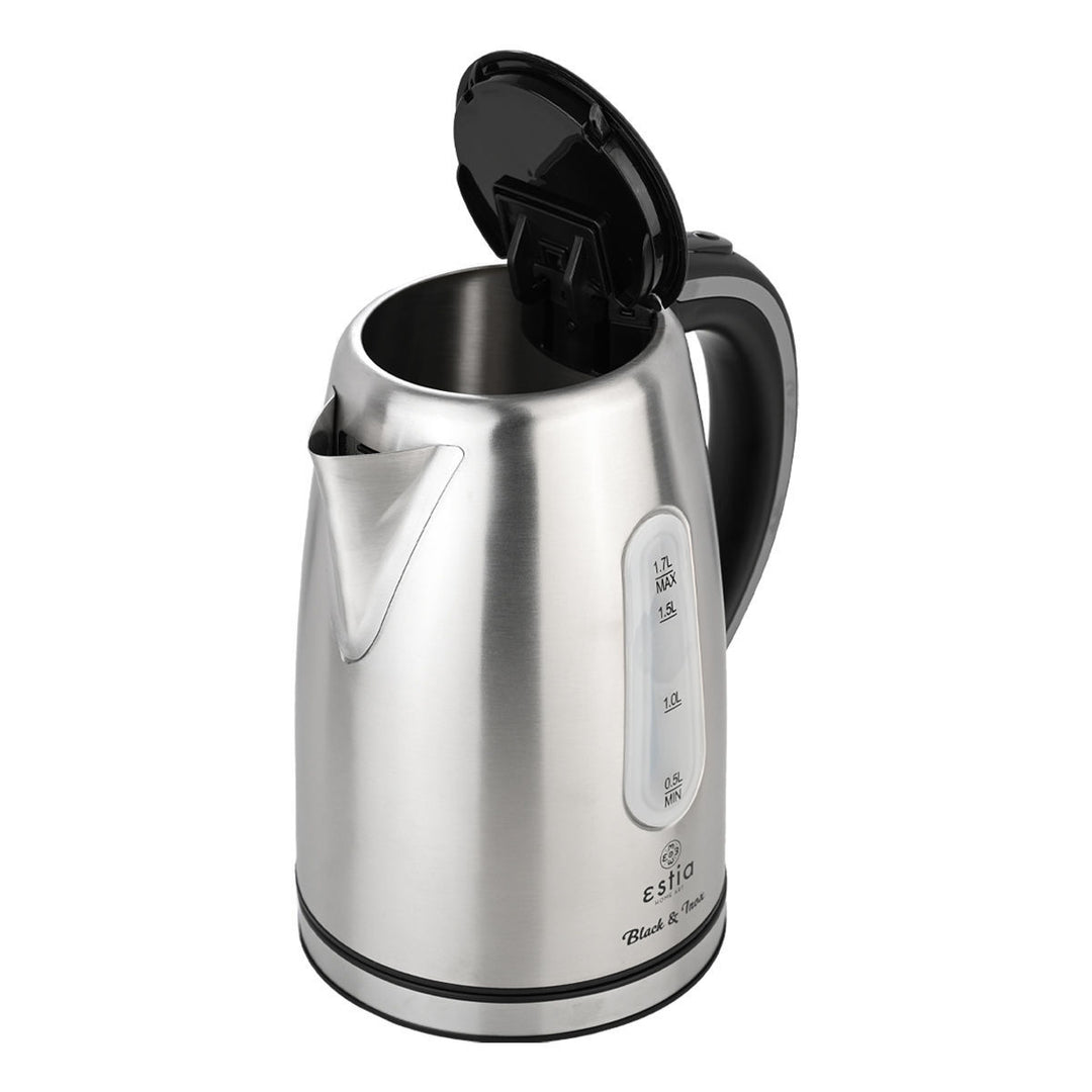 Βραστήρας Estia Black & Inox με ανοιχτό καπάκι, αποκαλύπτοντας το εσωτερικό και το στόμιο για εύκολη πλήρωση.