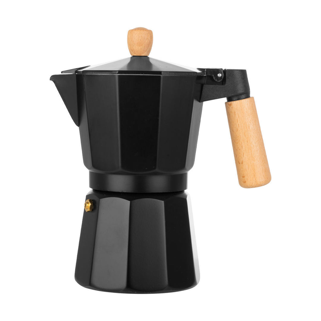 Μπρίκι μαύρο Espresso 150ml με ξύλινη λαβή, σε όρθια θέση πάνω σε λευκό φόντο.