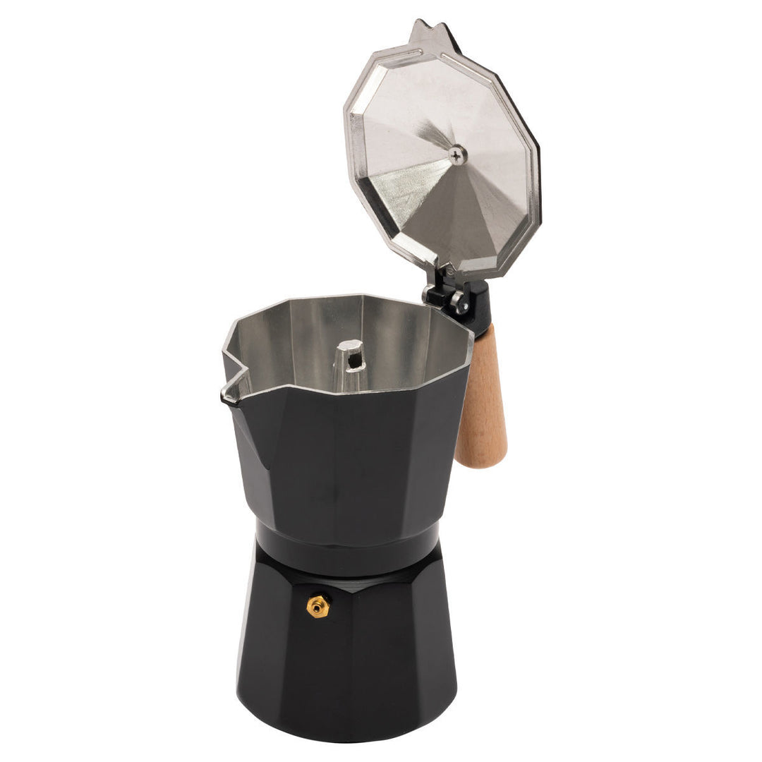 Μπρίκι Espresso 150ml σε μαύρο χρώμα με ανοιχτό καπάκι, που αποκαλύπτει το εσωτερικό του, σε λευκό φόντο.