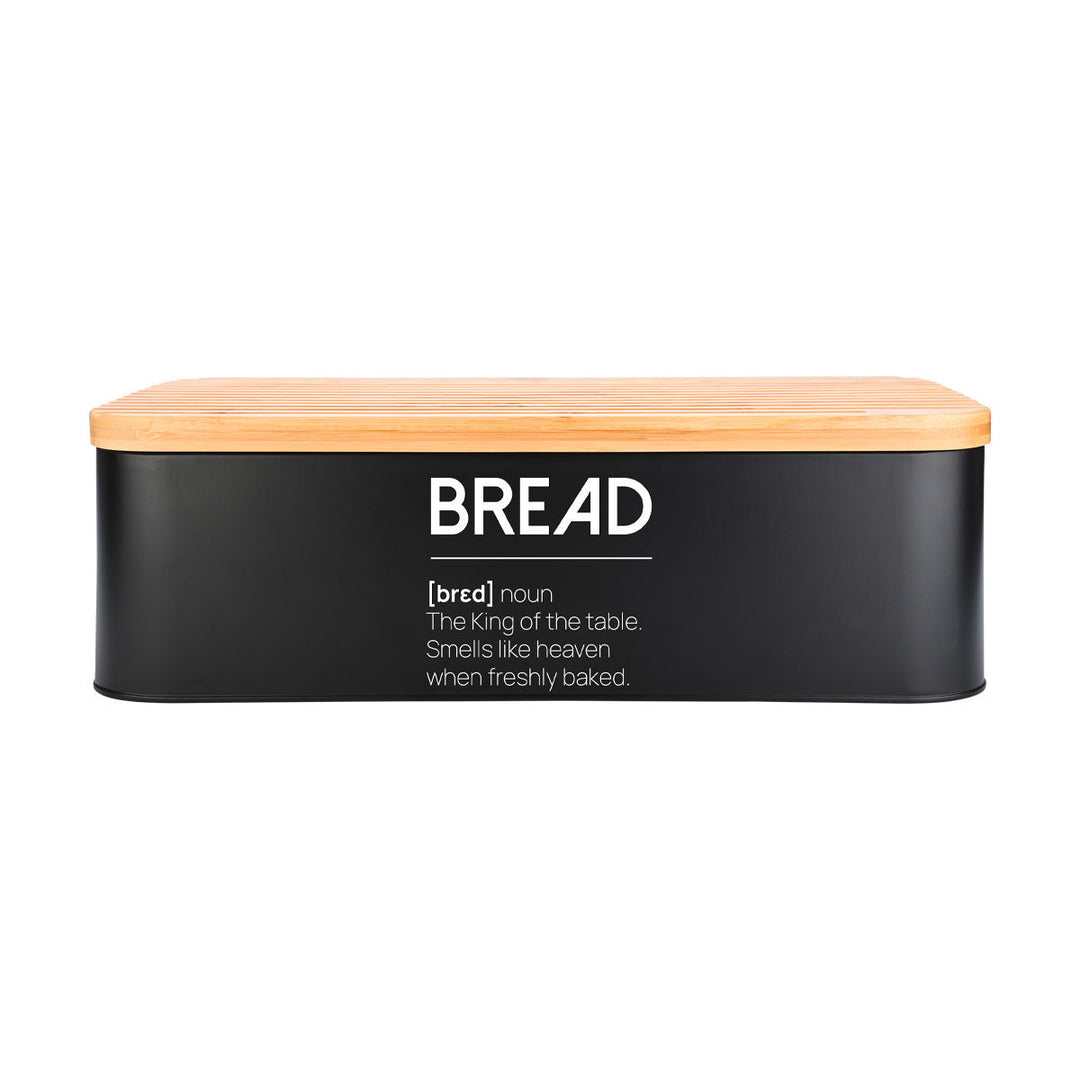 Μαύρο bread box με καπάκι από bamboo και μοντέρνα λευκή γραμματοσειρά, σε απλή και καθαρή παρουσίαση προϊόντος.