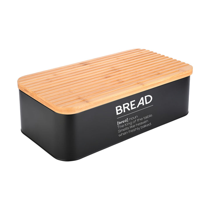 Κουτί ψωμιού σε μαύρο χρώμα με bamboo καπάκι και επιγραφή “Bread”, τοποθετημένο σε ουδέτερο φόντο.