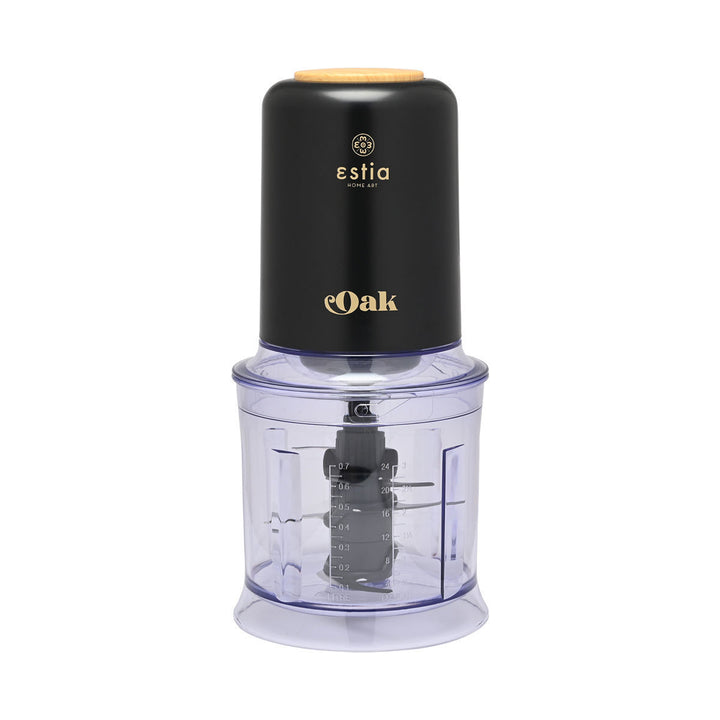Πολυκόπτης Oak 400W της Estia σε μαύρο χρώμα με πλαστικό μπολ και λογότυπο στη μπροστινή όψη.