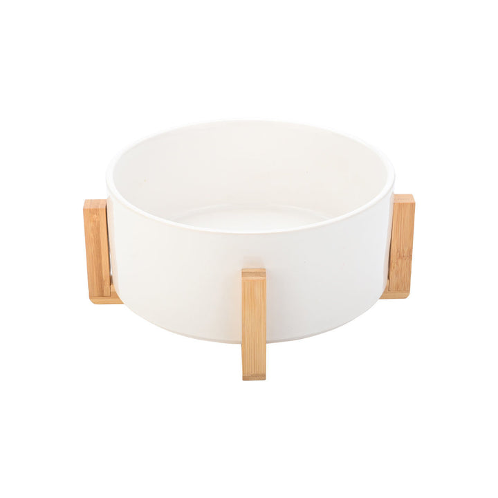 Σαλατιέρα λευκή της σειράς Bamboo Essentials Estia με μοντέρνο κυλινδρικό σχήμα και φυσική ξύλινη βάση.