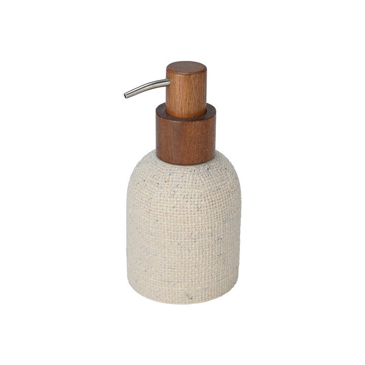 Μπεζ dispenser σαπουνιού Jute με υφή λινάτσας, ξύλινη αντλία και μεταλλικό στόμιο, ιδανικό για μοντέρνα διακόσμηση μπάνιου με φυσικές αποχρώσεις.