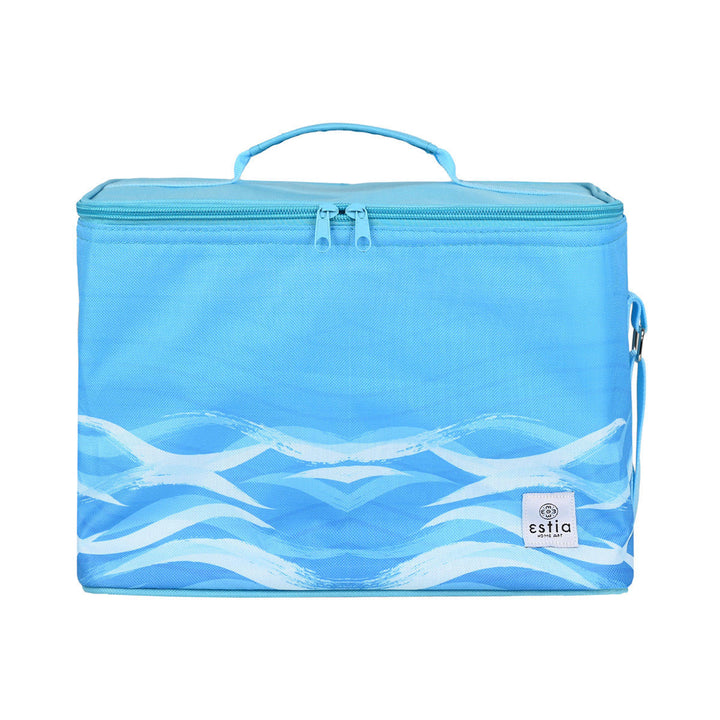 Γαλάζια τσάντα ψυγείο Estia με διπλό φερμουάρ και minimal καλοκαιρινό σχεδιασμό.