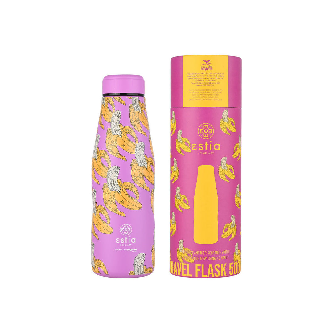 Estia Μπουκάλι Θερμός Save The Aegean 500ml Ροζ Με Μπανάνες Banana Swirl Travel Flask