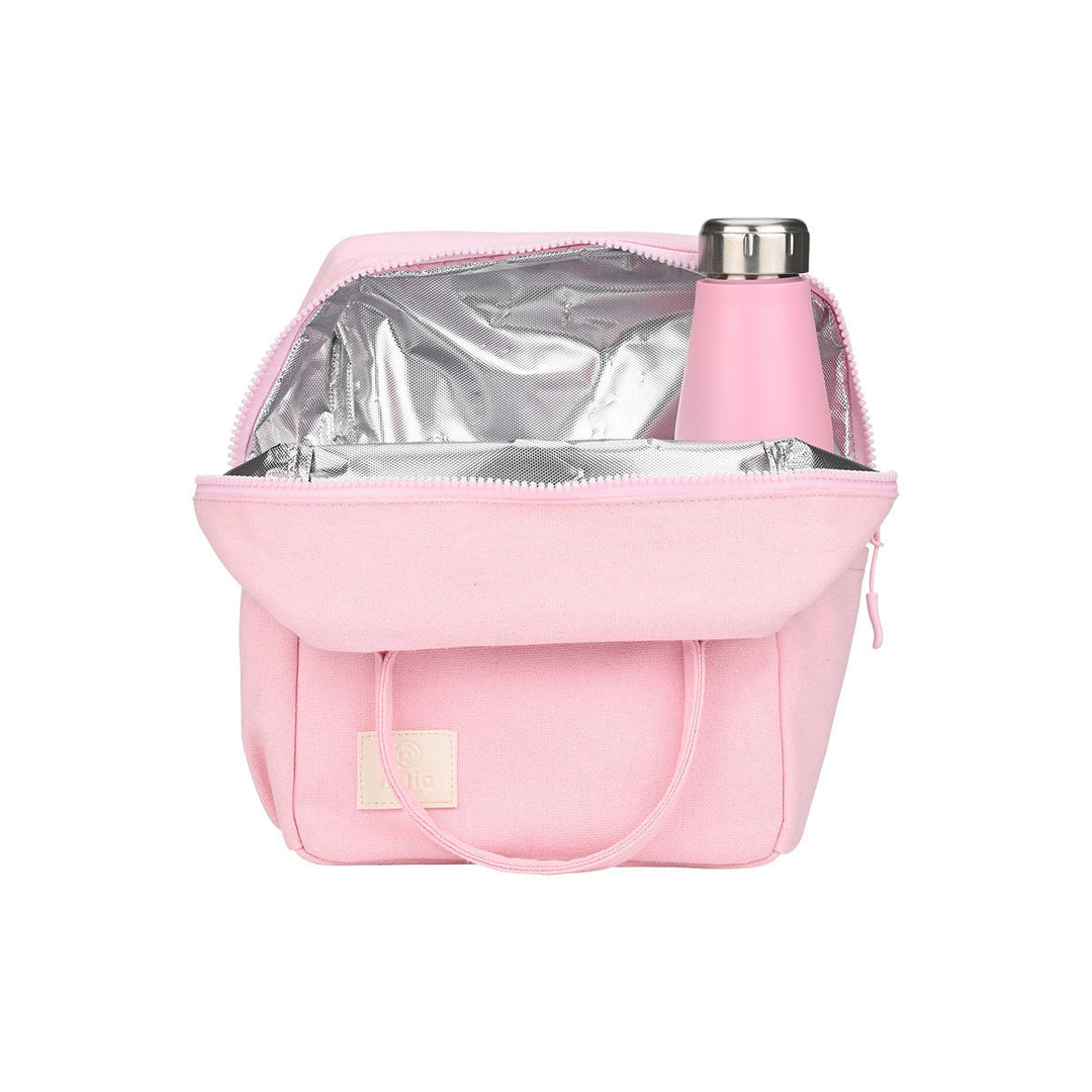 Ροζ ισοθερμικό lunch bag με μπουκάλι στο εσωτερικό και ασημί επένδυση αλουμινίου.