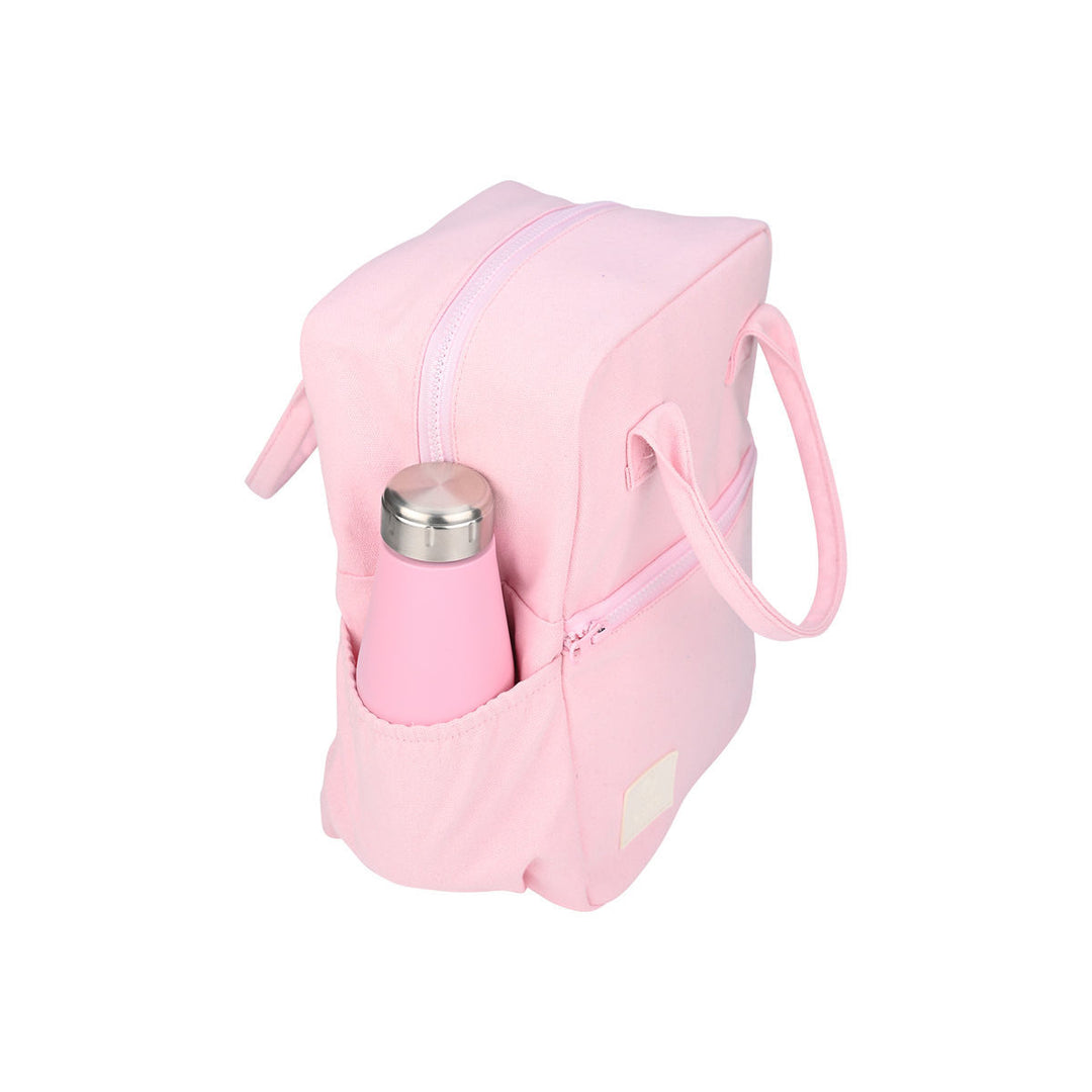 Ροζ ισοθερμικό lunch bag με μπουκάλι στο πλαϊνό τσεπάκι και φερμουάρ.