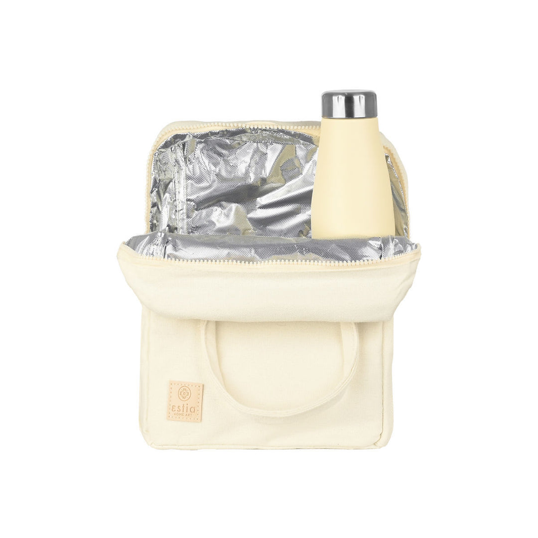 Λευκό ισοθερμικό lunch bag με μπουκάλι στο εσωτερικό, επένδυση αλουμινίου και διπλό φερμουάρ.