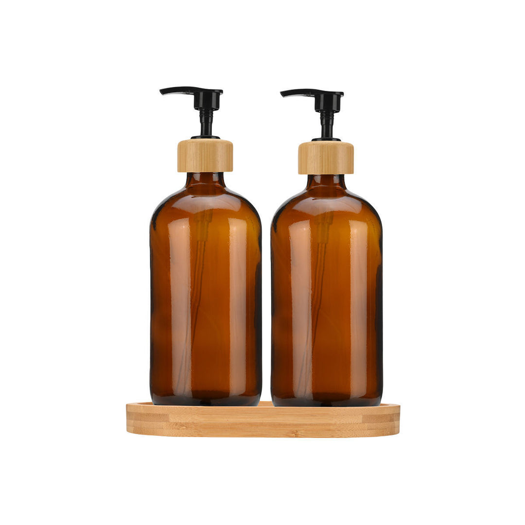 Αντλίες Σαπουνιού Bamboo Essentials Γυάλινες 500ml Σετ 3 Τεμαχίων Με Δίσκο Bamboo Estia