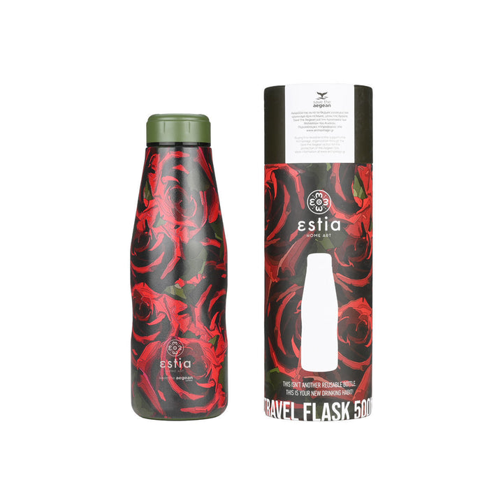 Σκούρο πράσινο παγούρι Estia με κόκκινα τριαντάφυλλα και πράσινα φύλλα, τοποθετημένο δίπλα στη συσκευασία του στο ίδιο σχέδιο, φωτογραφημένο σε λευκό φόντο που αναδεικνύει τα έντονα χρώματα.