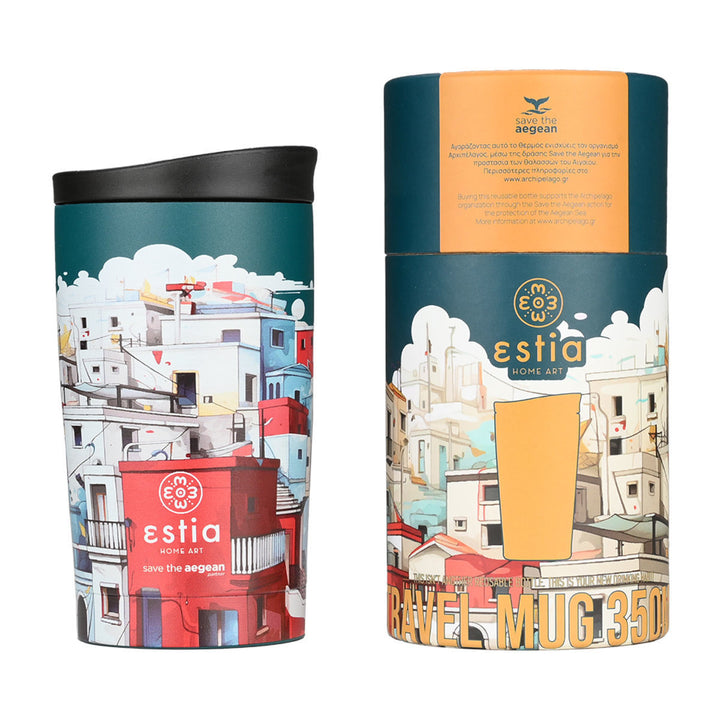 Estia Ποτήρι Θερμός Save The Aegean 350ml Εκρού Πετρόλ Με Σπίτια Urban Mythos