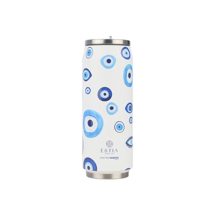Estia Ποτήρι Θερμός Με Καλαμάκι Save The Aegean 500ml Μπλε-Λευκό Με Σχέδιο Μάτια Spirit of Luck Travel Cup