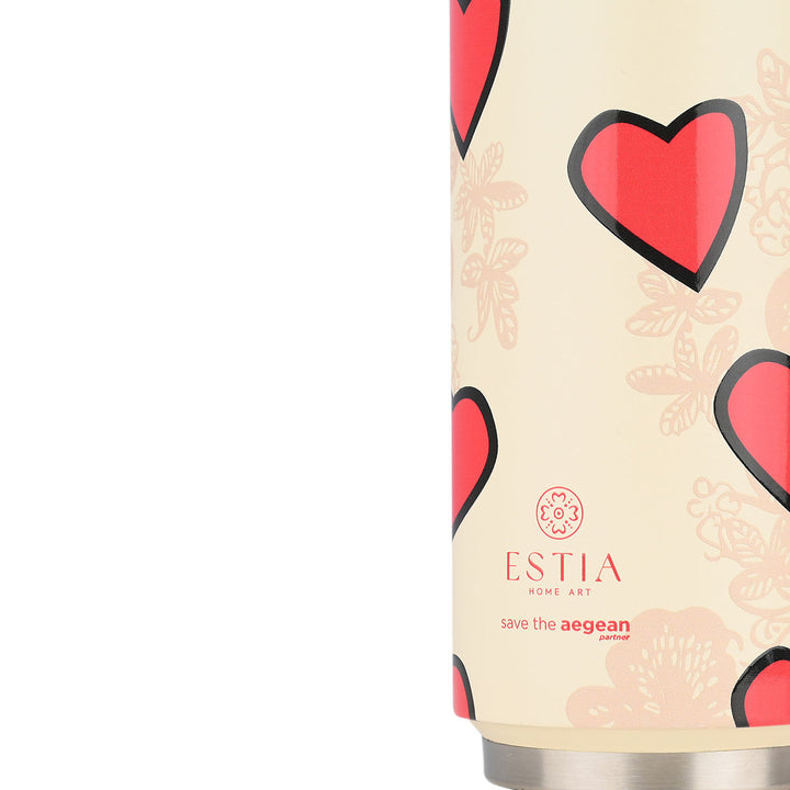 Estia Ποτήρι Θερμός Με Καλαμάκι Save The Aegean 500ml Εκρού-Κόκκινο Με Σχέδιο Καρδιές Tender Lace Travel Cup