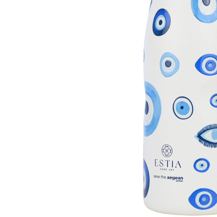 Estia Μπουκάλι Θερμός Save The Aegean 500ml Μπλε-Λευκό Με Σχέδιο Μάτια Spirit of Luck Travel Flask