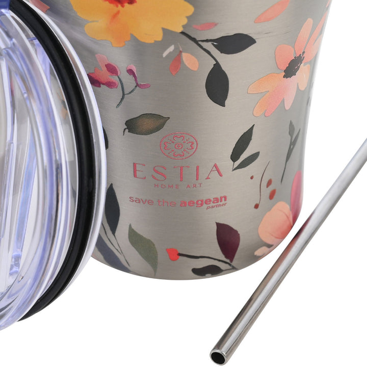Estia Ποτήρι Θερμός  Save The Aegean 350ml Μεταλλικό Φλοράλ Silver Botanic Coffee Mug