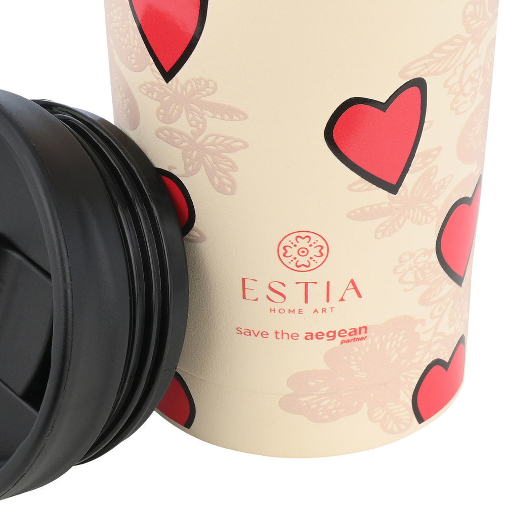 Estia Ποτήρι Θερμός Save The Aegean 350ml Εκρού-Κόκκινο Με Σχέδιο Καρδιές Tender Lace Travel Mug