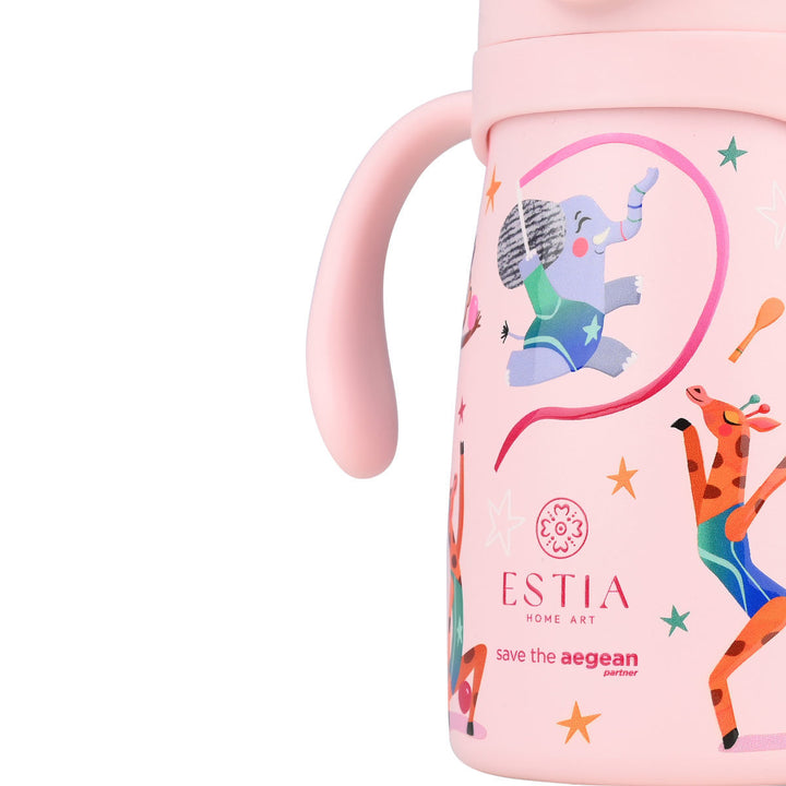 Estia Θερμός Παιδικό Με Λαβές Και Καλαμάκι 300ml Ροζ Με Ζωάκια Wild Stunts