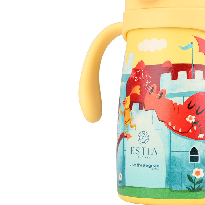 Estia Θερμός Παιδικό Με Λαβές Και Καλαμάκι 300ml Κίτρινο Με Κάστρο & Δεινοσαύρους Fortress Dragon