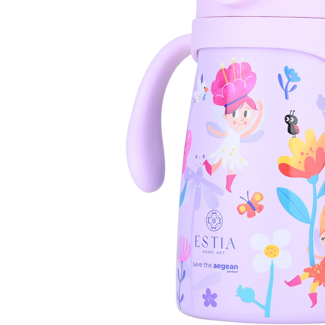 Estia Θερμός Παιδικό Με Λαβές Και Καλαμάκι 300ml Μωβ Με Λουλούδια Fairy Tales