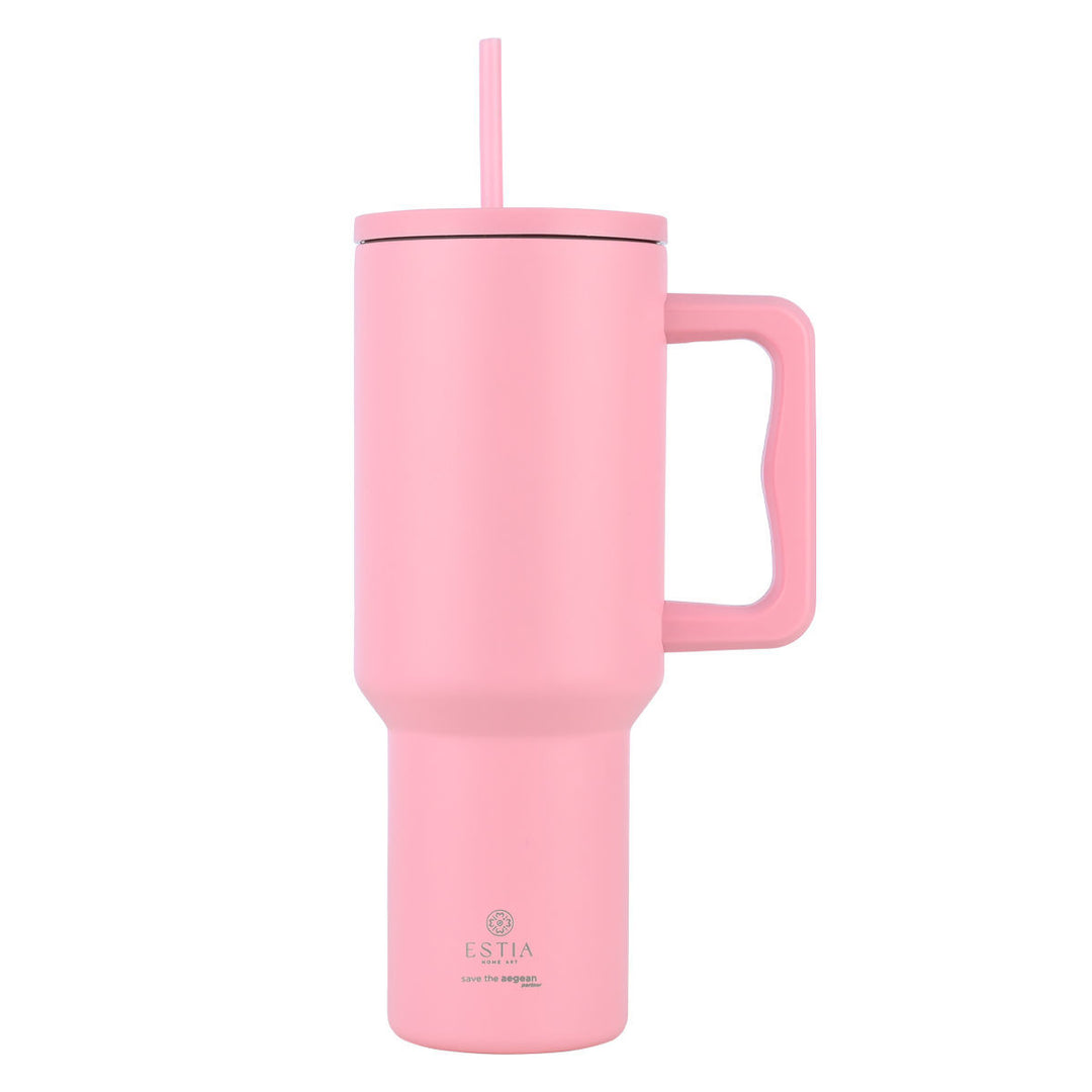 Estia Ποτήρι Θερμός Με Καλαμάκι & Χερούλι Save The Aegean Ροζ Blossom Rose Straw Tumbler